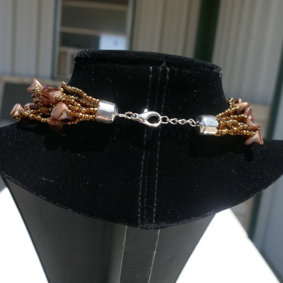 Vintage Seed Bead Shell Necklace Brown Multi-Strand 17 inch Mother of Pearl - Picture 3 of 5